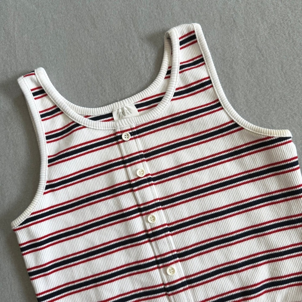 Zara Tank Top Girls 10 White Striped Ribbed Button Front Crop Tee Layering